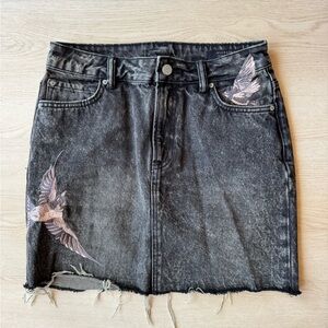 All Saints Black Washed Denim Mini Skirt with Embroidered Swallows